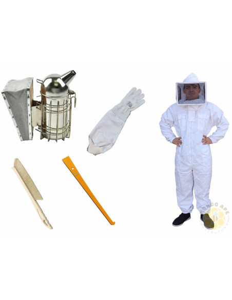 KIT BASE APICOLTURA - TUTA, GUANTI, AFFUMICATORE, LEVA E SPAZZOLA